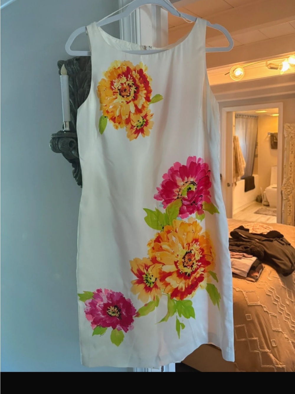 White Floral Silk Mini Dress with Pink & Yellow Blooms